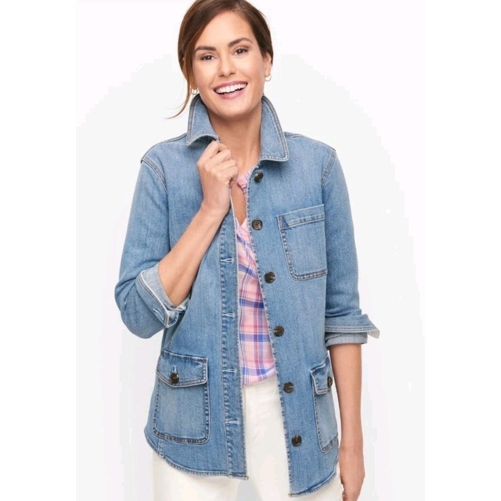 Talbots Denim Shirt Jacket Isabell Wash Women's Sz L Button Up Chore Americana